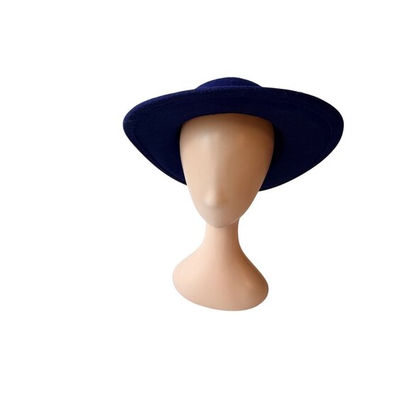 Vintage 1960s Navy Wool Wide Brim Hat with Ribbon & Gold Stud Trim Elegant - Picture 7 of 9